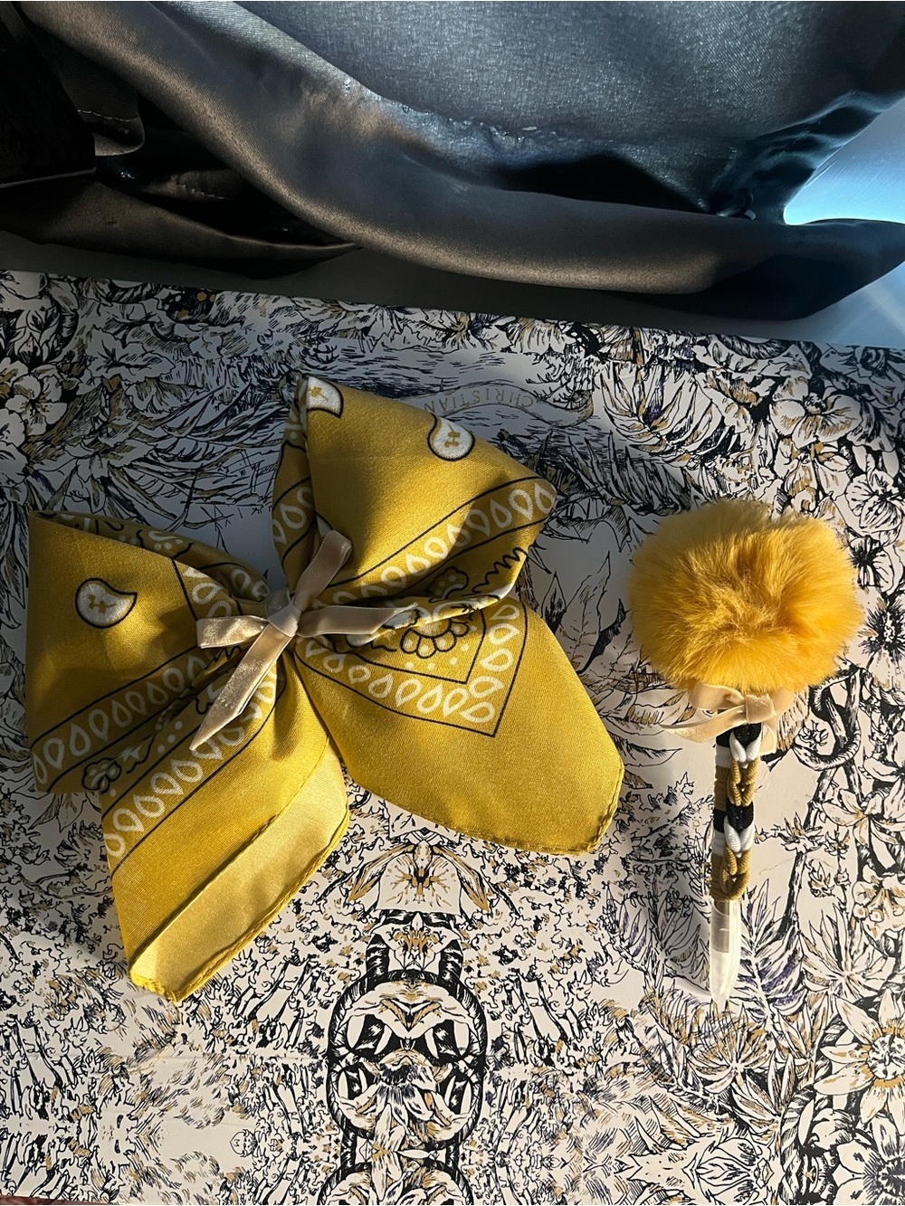 Handmade Yellow Bandana Hair Bow with Pom-Pom Pen - Kids Accessories